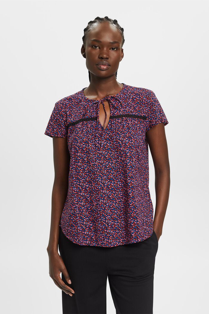 Katoenen blouse met korte mouwen en motief all-over, BLACK, detail image number 0