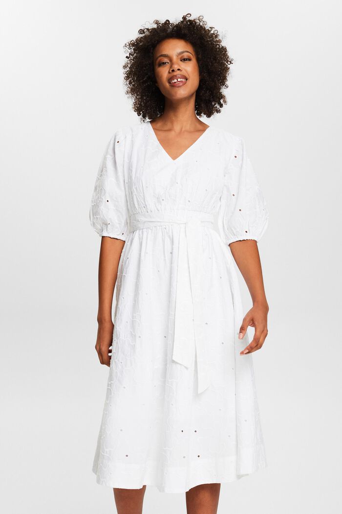 Midi-jurk met pofmouwen en ceintuur, WHITE, detail image number 4