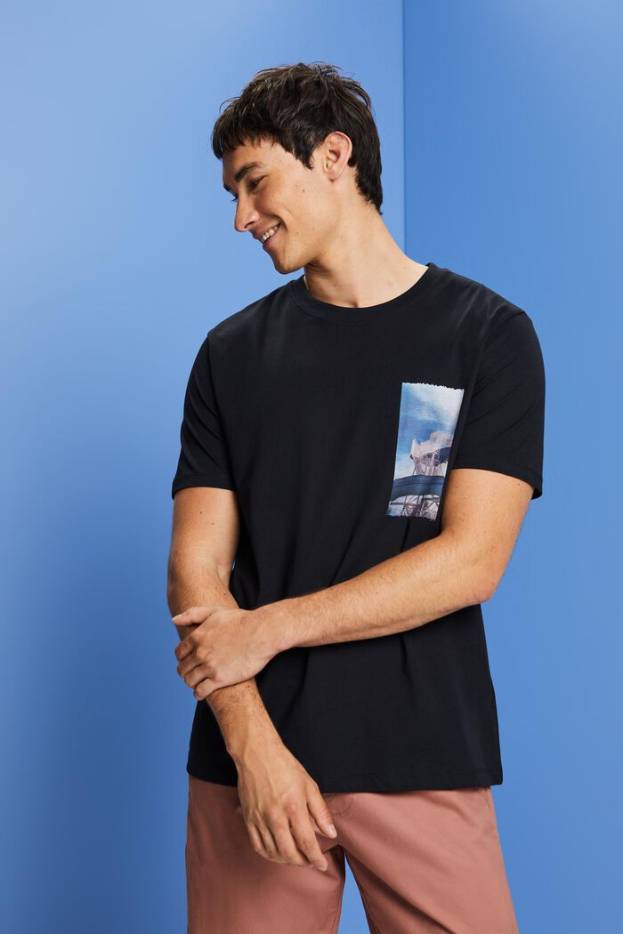 T-shirt met print op de borst, 100% katoen, BLACK, detail image number 0