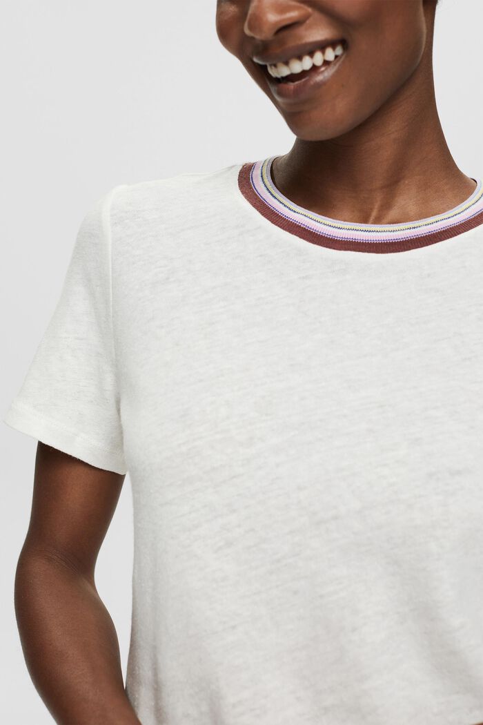 Met linnen: T-shirt met gestreepte hals, OFF WHITE, detail image number 2