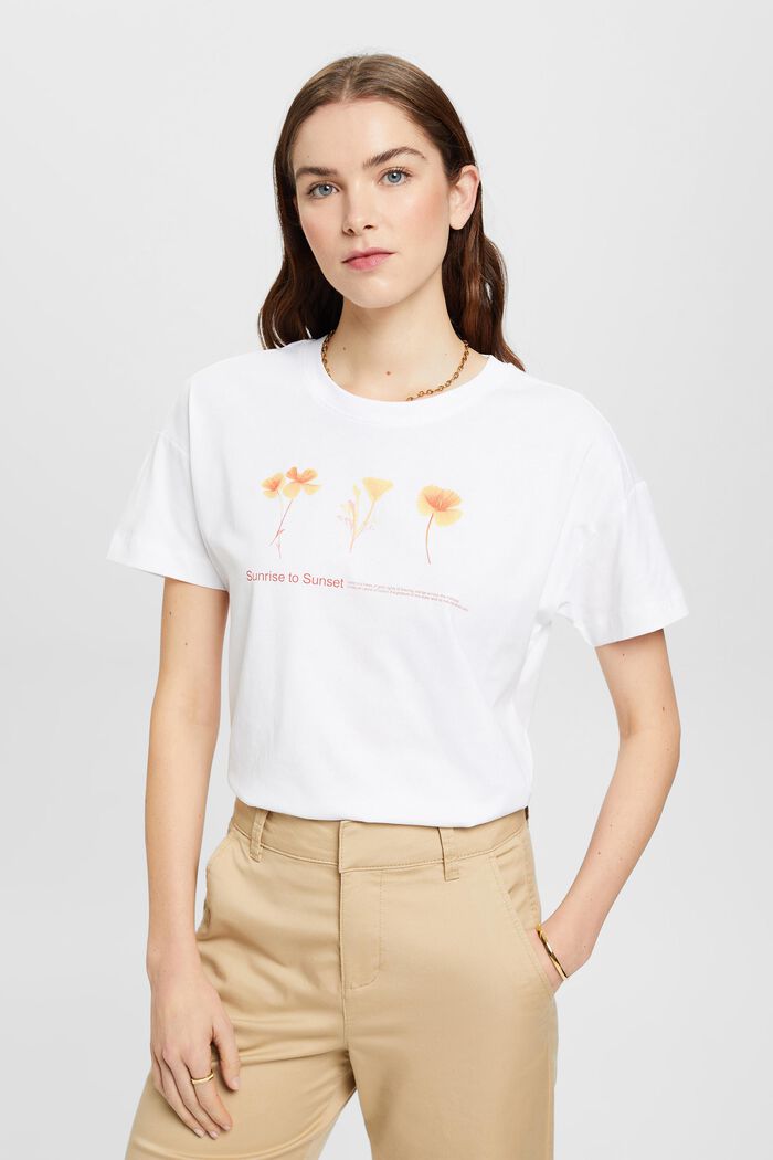 T-shirt à imprimé à fleurs sur la poitrine, WHITE, detail image number 0