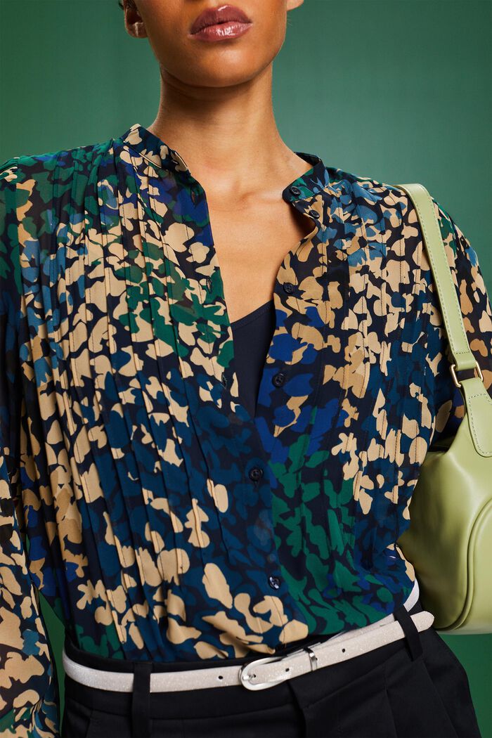 Geplooide chiffon blouse met motief, NAVY, detail image number 3