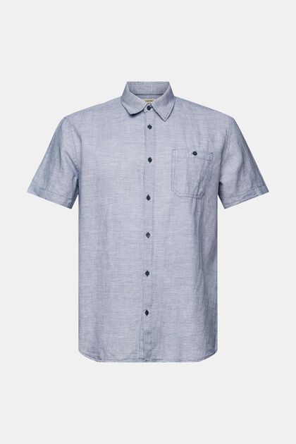 T-shirt à manches courtes en lin mélangé animé d’un motif pied-de-poule, BLUE, overview