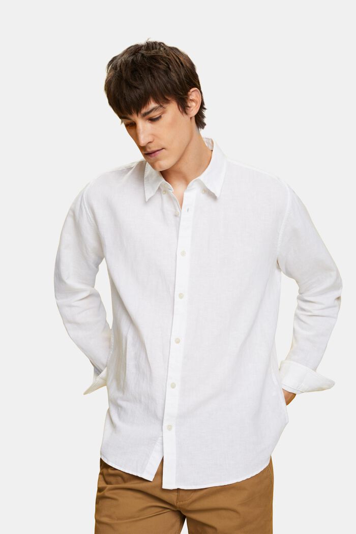 Chemise à col boutonné en mélange de coton et lin, WHITE, detail image number 0
