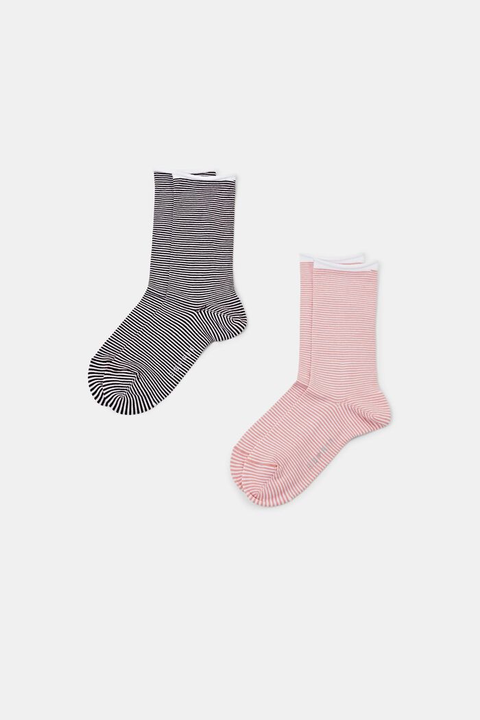 Gestreepte sokken met opgerolde manchetten, organic cotton, ROSE/BLACK, detail image number 0