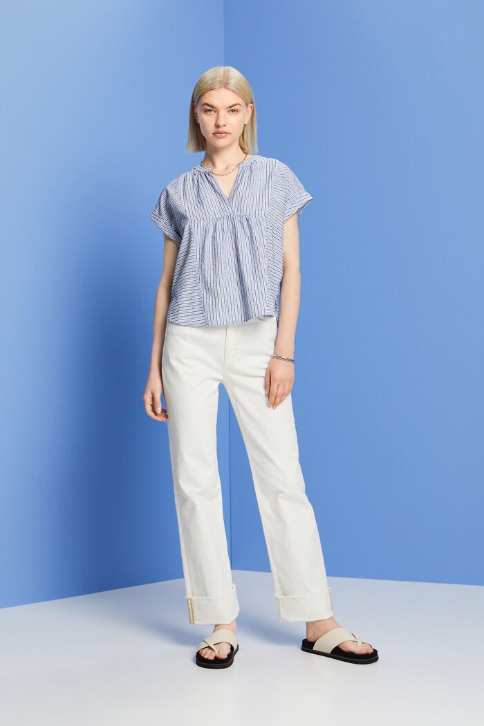 Gestreepte blouse met korte mouwen, 100% katoen, BRIGHT BLUE, detail image number 1