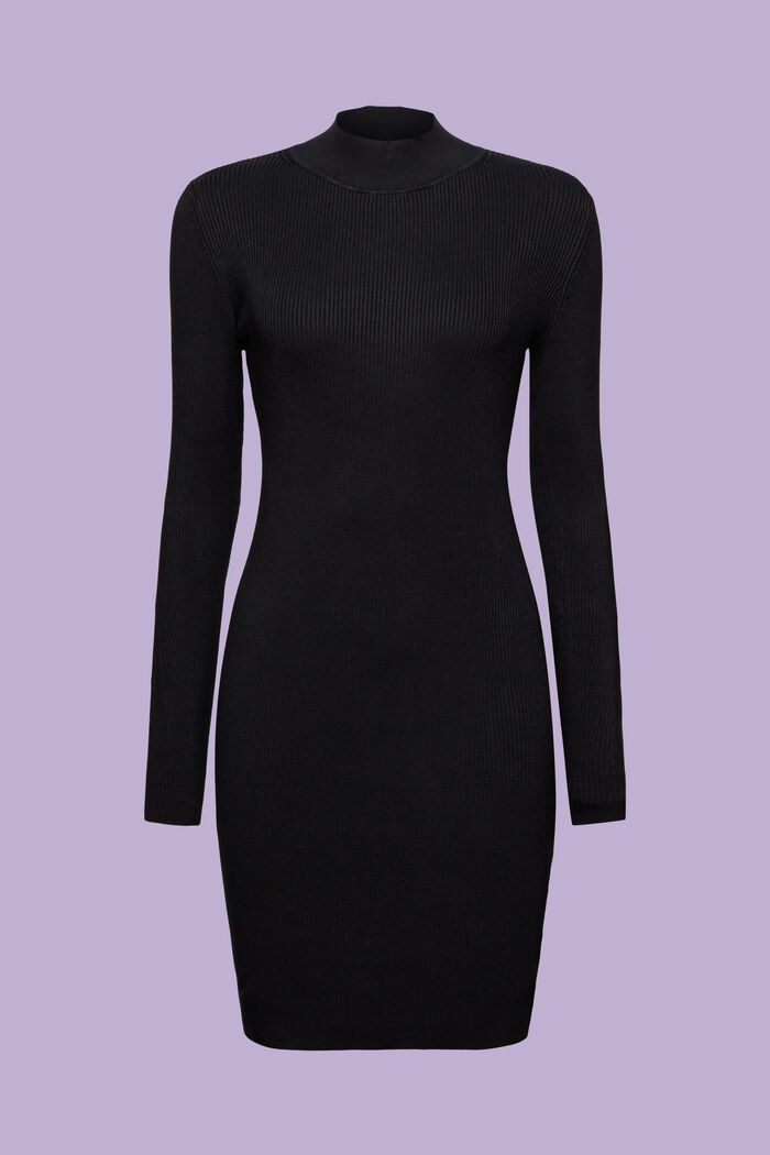 Ribgebreide mini-jurk met opstaande kraag, BLACK, detail image number 6