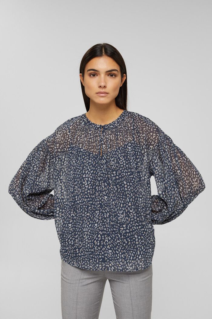 Gerecycled: chiffon blouse met print, DARK BLUE, detail image number 0