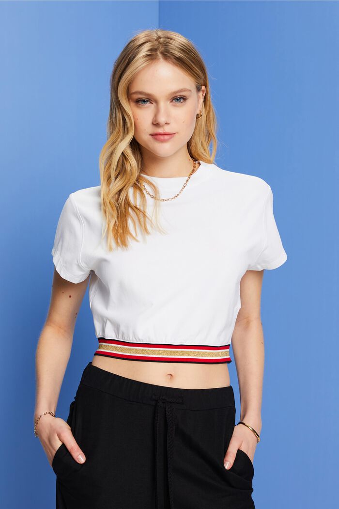 Cropped T-shirt met glitterband, WHITE, detail image number 0