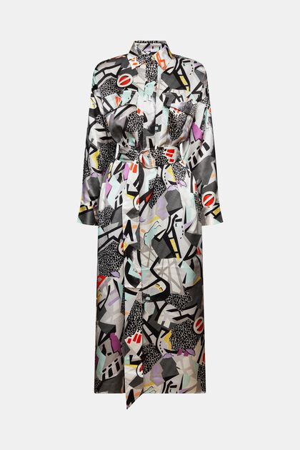 Zijde-satijnen midi-jurk met ceintuur en print