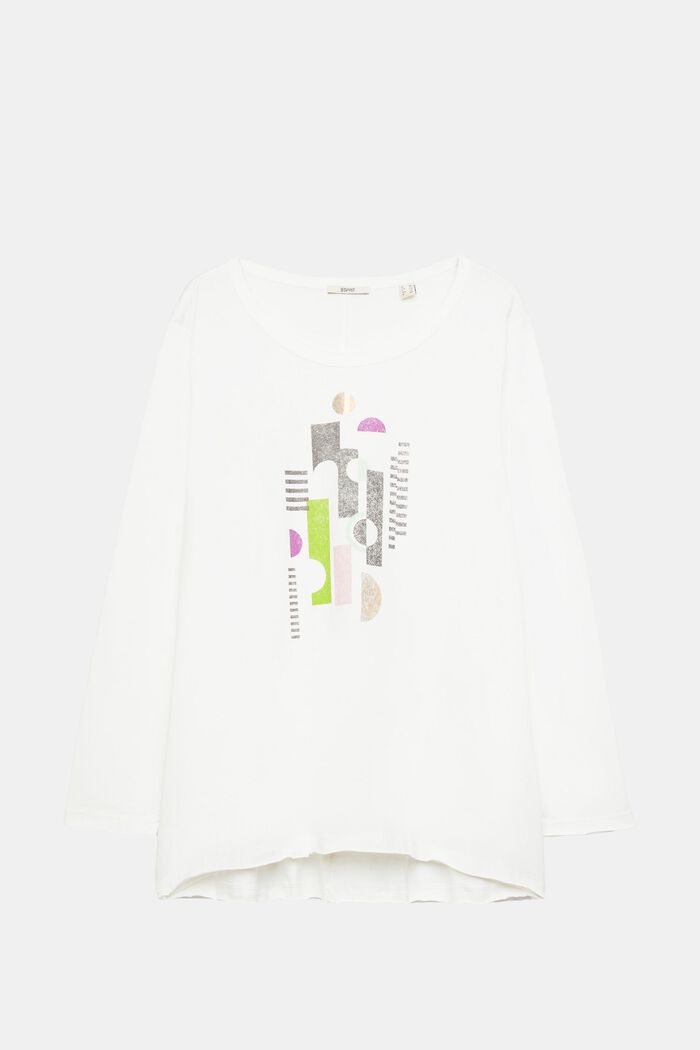 T-shirt CURVY imprimé à manches longues, 100 % coton, OFF WHITE, overview