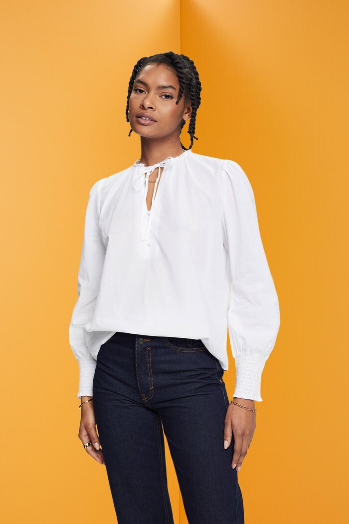 Katoenen blouse met strikdetail, WHITE, detail image number 0