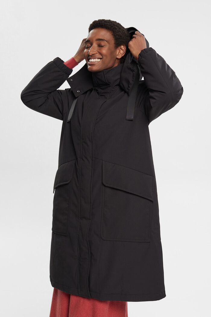 Manteau à capuche à doublure surpiquée, BLACK, detail image number 0