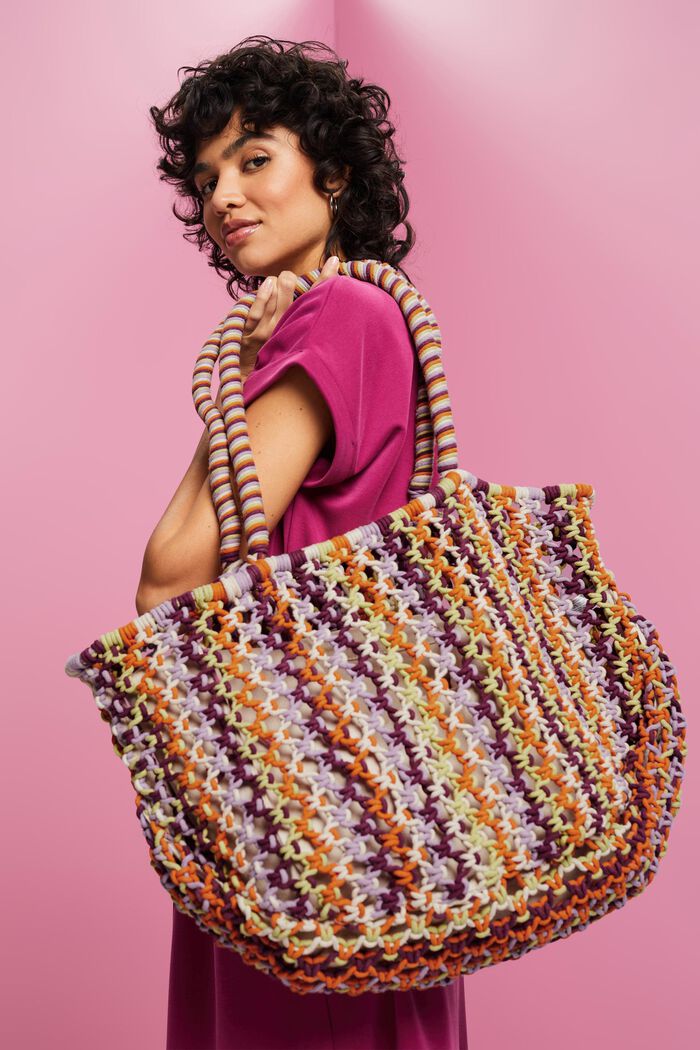 Oversized, gehaakte tote bag met strepen, MULTICOLOUR, detail image number 4