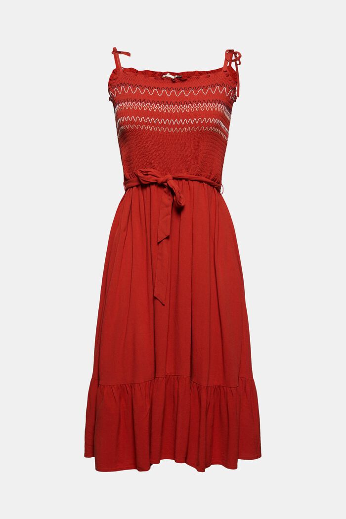 Gesmokte jurk met borduursel van LENZING™ ECOVERO™, TERRACOTTA, overview