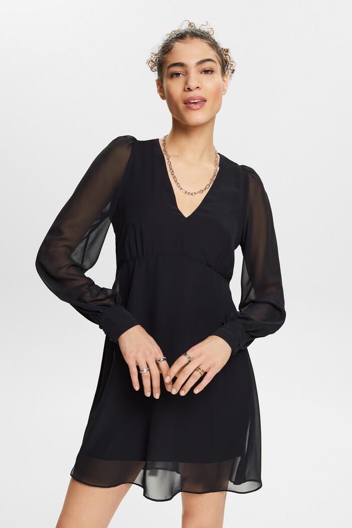 Chiffon mini-jurk met V-hals, BLACK, detail image number 0
