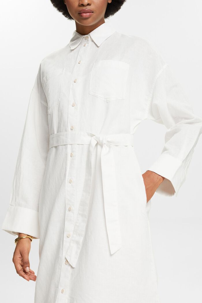 Robe-chemise en lin et coton avec ceinture, OFF WHITE, detail image number 3