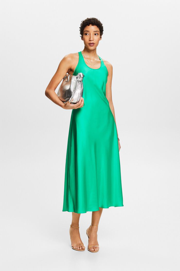 Satijnen mouwloze midi-jurk met ceintuur, GREEN, detail image number 5