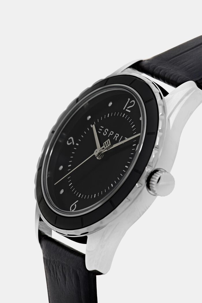 Edelstalen horloge met leren bandje, BLACK, detail image number 1