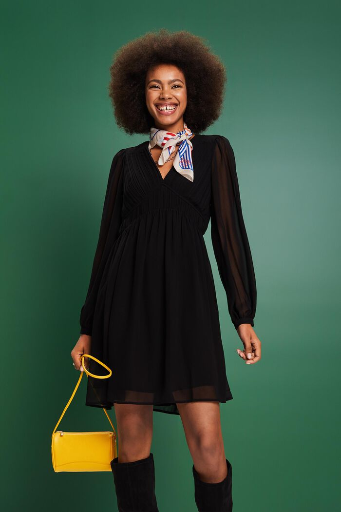 chiffon Mini-jurk met V-hals, BLACK, detail image number 0