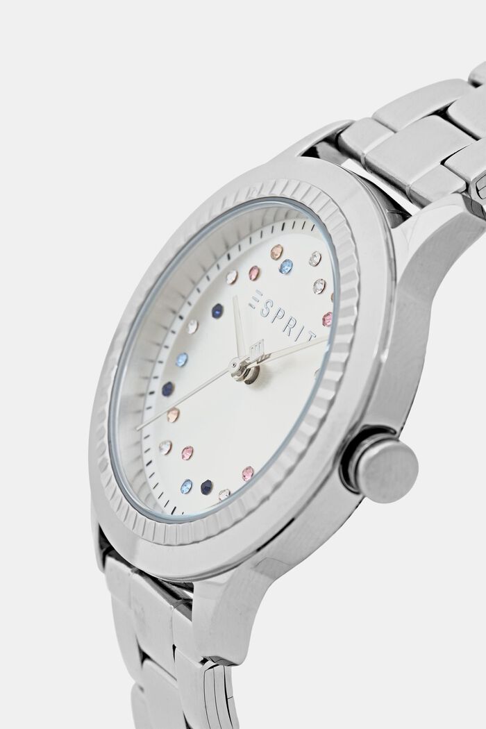 Horloge met ingezette zirkonia, edelstaal, SILVER, detail image number 1