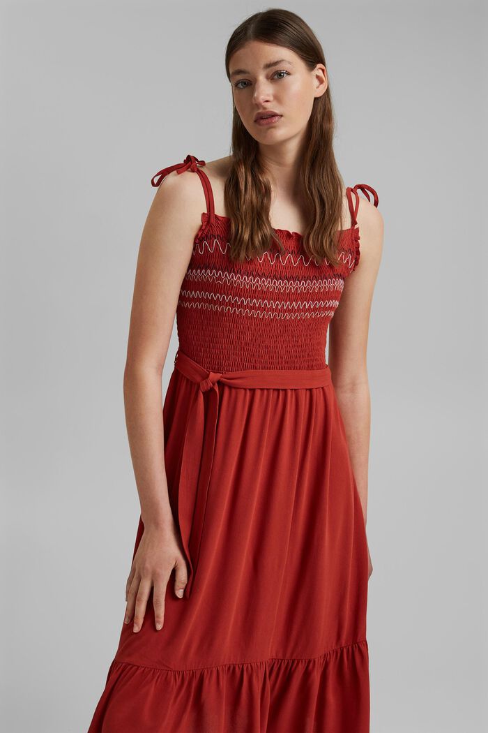Gesmokte jurk met borduursel van LENZING™ ECOVERO™, TERRACOTTA, detail image number 0