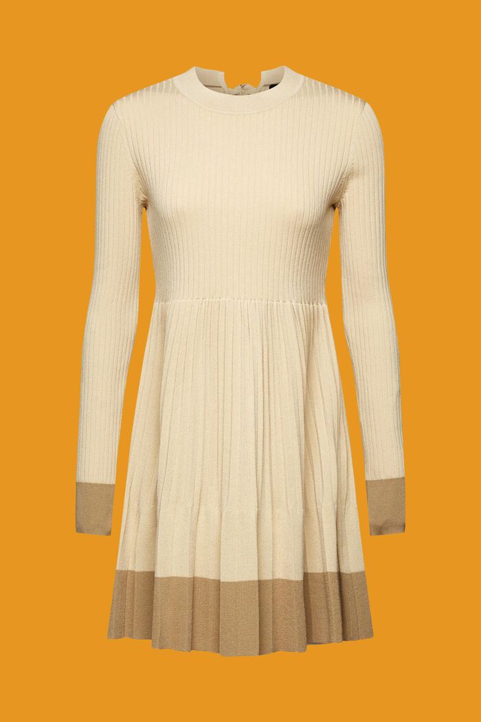 Geplisseerde mini-jurk met lange mouwen en ronde hals, LIGHT BEIGE, detail image number 6