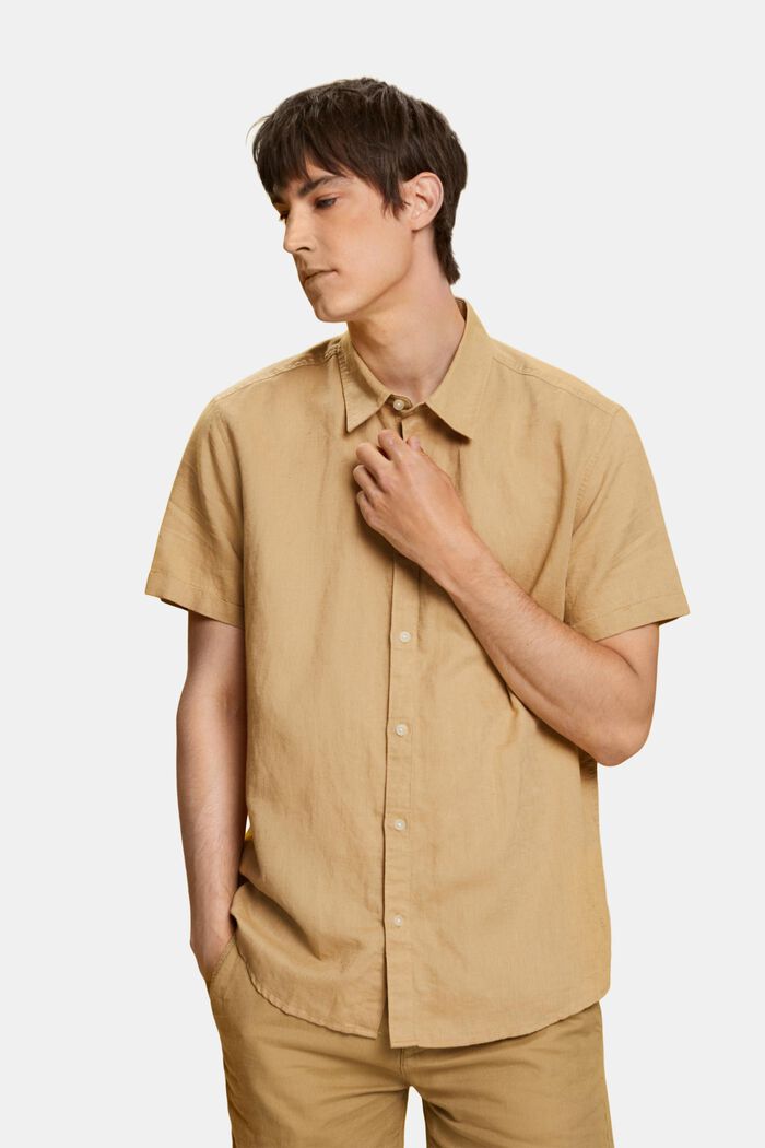 Shirt met korte mouwen van een linnen-katoenmix, BEIGE, detail image number 0