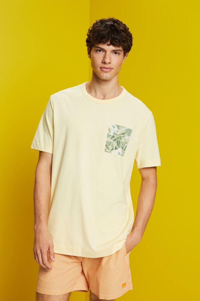 Jersey T-shirt met print op de borst, 100% katoen, LIGHT YELLOW, detail image number 0