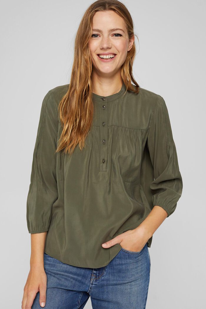 Glanzende henley-blouse met LENZING™ ECOVERO™, DARK KHAKI, detail image number 0