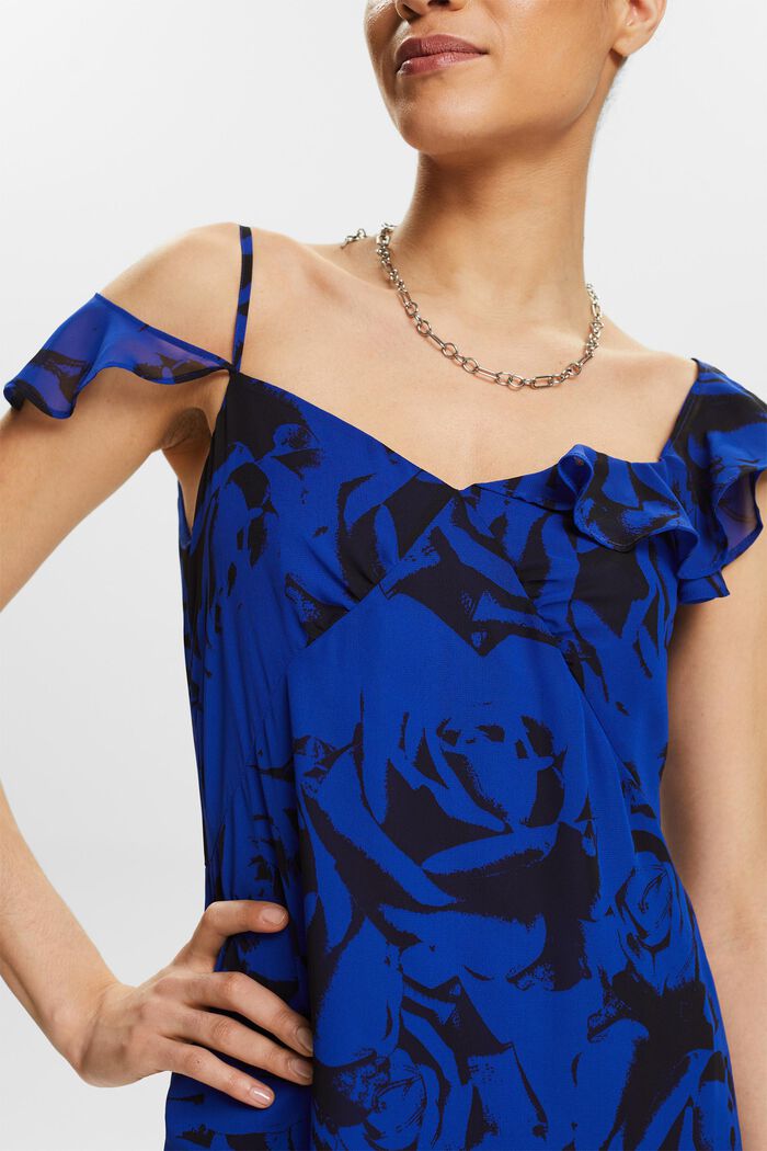 Off-the-shoulder chiffon midi-jurk met print, BRIGHT BLUE, detail image number 3