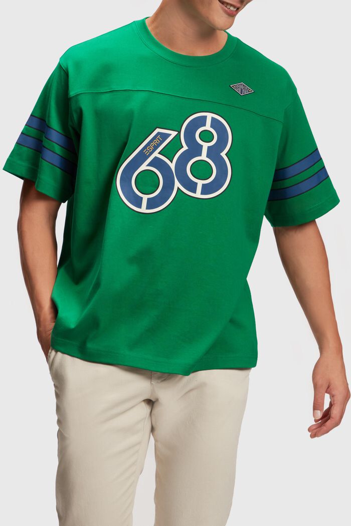 T-shirt met gestreepte mouwen en grafische print, EMERALD GREEN, detail image number 0