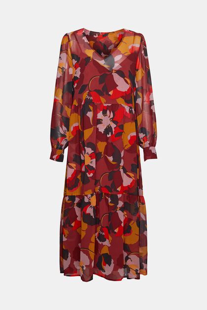 Chiffon midi-jurk met patroon, TERRACOTTA, overview