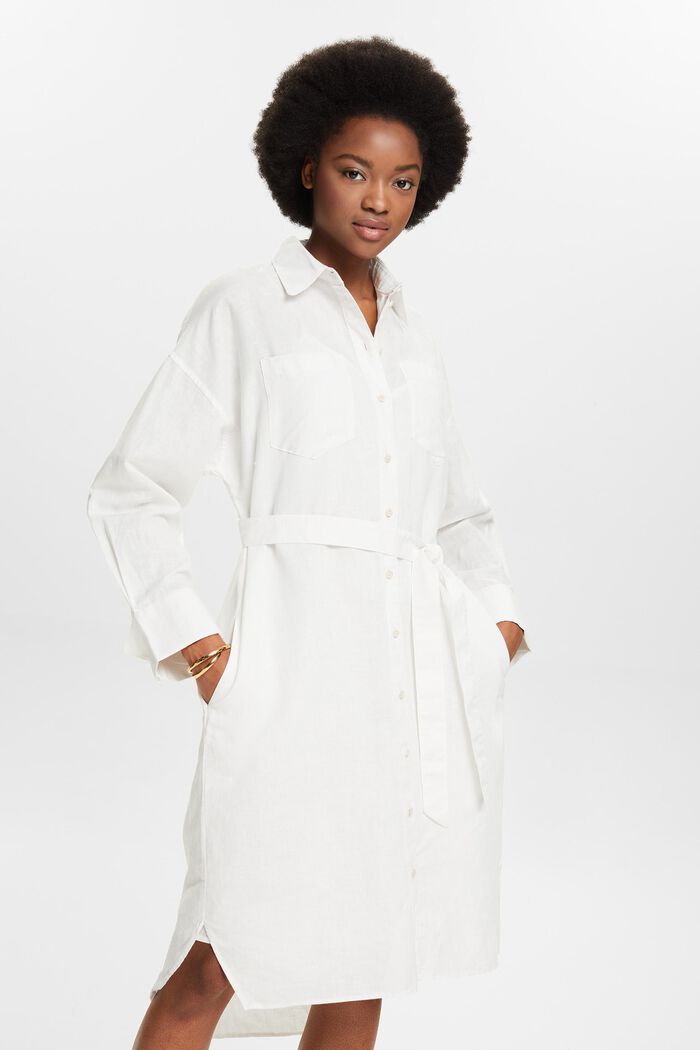 Robe-chemise en lin et coton avec ceinture, OFF WHITE, detail image number 0