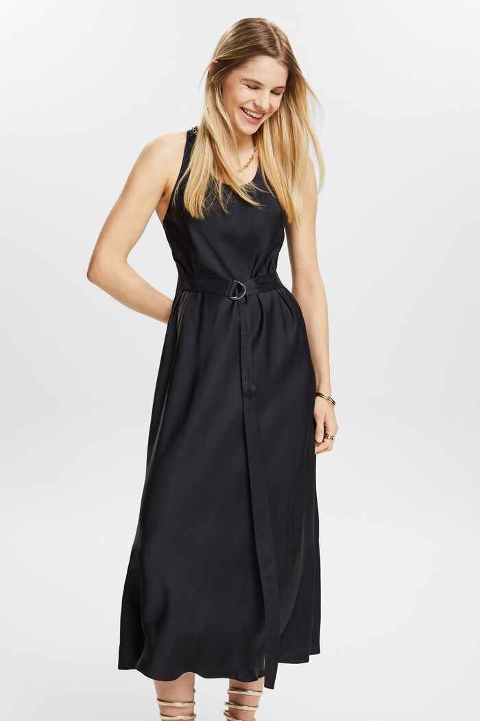 Satijnen mouwloze midi-jurk met ceintuur, BLACK, detail image number 0
