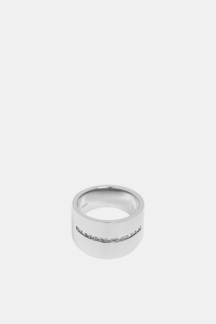 Brede ring met een rij zirkoniasteentjes, van edelstaal, SILVER, detail image number 1