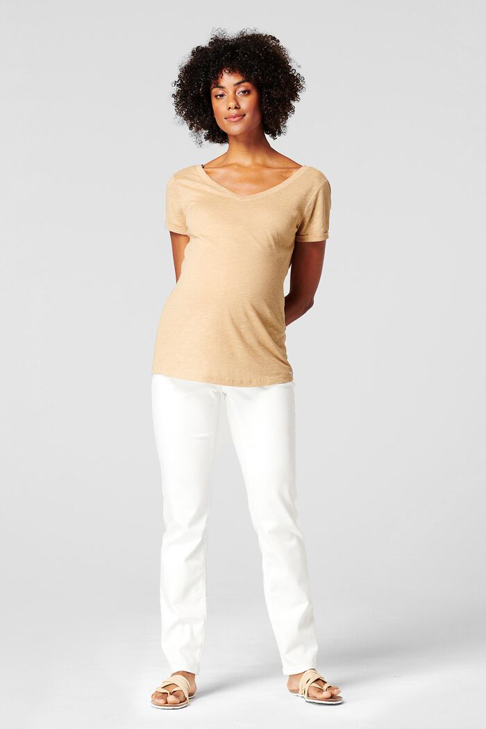 Met linnen: T-shirt met V-hals voor en achter, SAND, detail image number 0