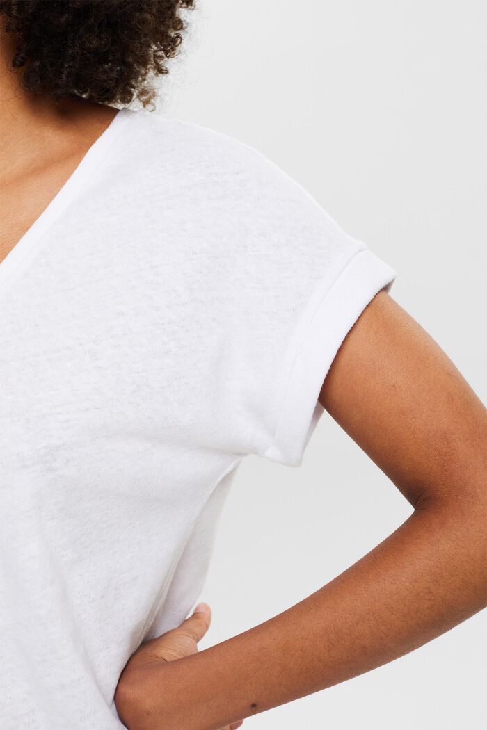 T-shirt à encolure en V en mélange de lin et coton, WHITE, detail image number 3