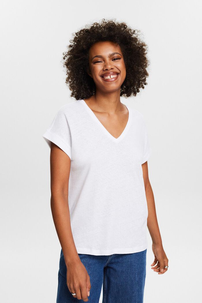 T-shirt van katoenlinnen met V-hals, WHITE, detail image number 0
