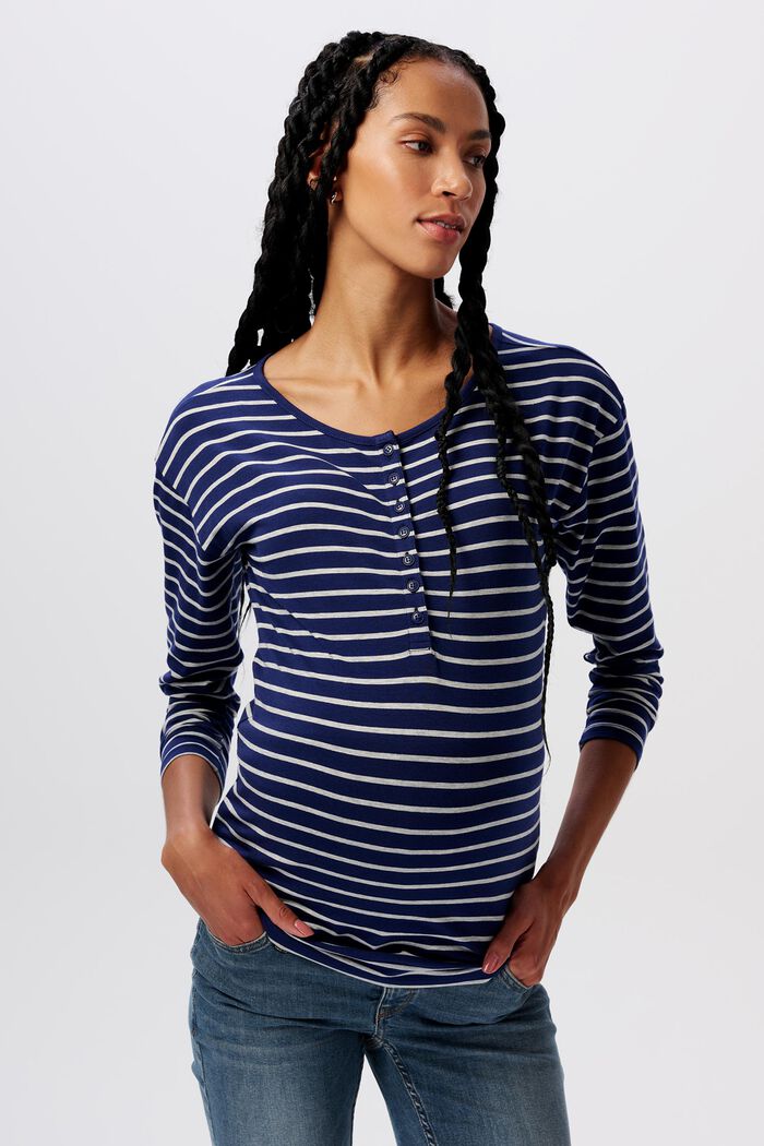 T-shirt d’allaitement col tunisien à manches longues et rayures, DARK BLUE, detail image number 0