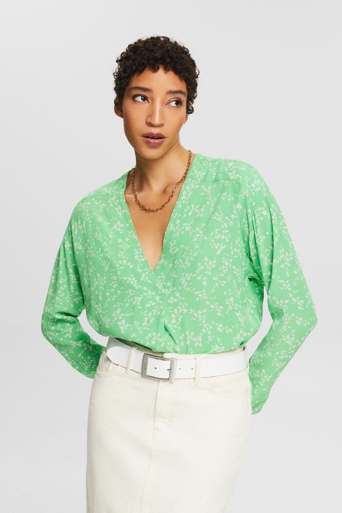 Crêpe blouse met V-hals en print, CITRUS GREEN, detail image number 0