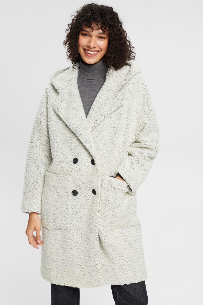 Manteau à capuche en peluche de laine mélangée, ICE, overview