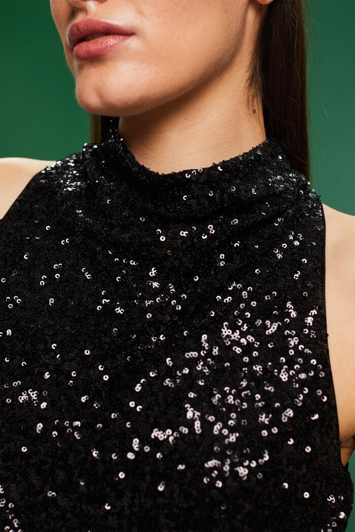Mouwloze neckholder midi-jurk met pailletjes, BLACK, detail image number 3