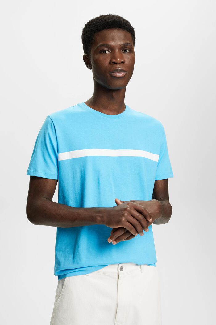 Katoenen T-shirt met contrasterende streep, TURQUOISE, detail image number 0
