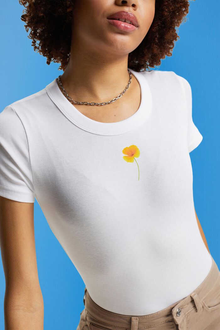 T-shirt à imprimé à fleurs sur la poitrine, WHITE, detail image number 2