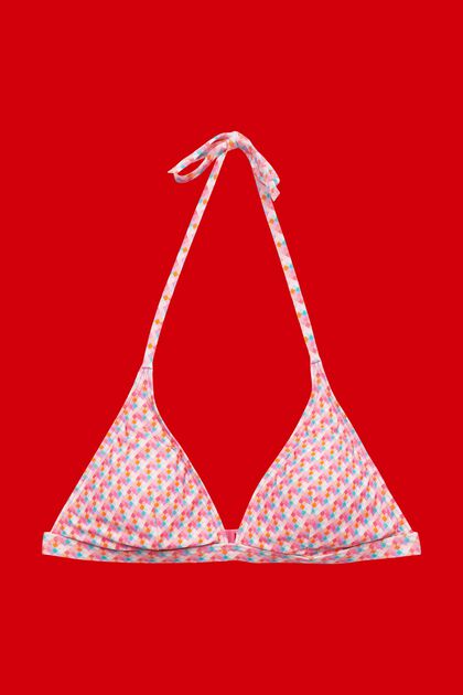 Haut de bikini rembourré à bretelles tour de cou et imprimé géométrique, PINK FUCHSIA, overview