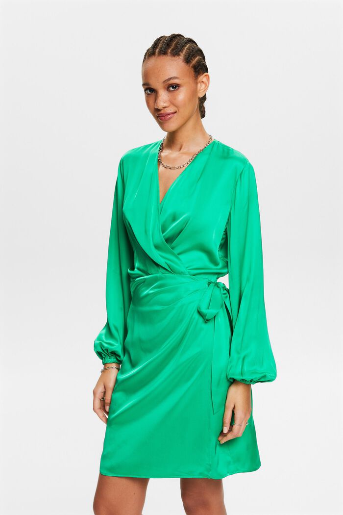 Satijnen mini-jurk met wikkeleffect, GREEN, detail image number 0