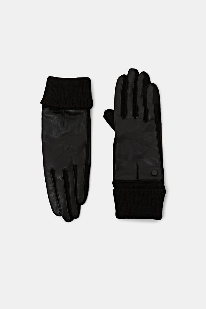Handschoenen van leer en een gebreide wolmix, BLACK, detail image number 0