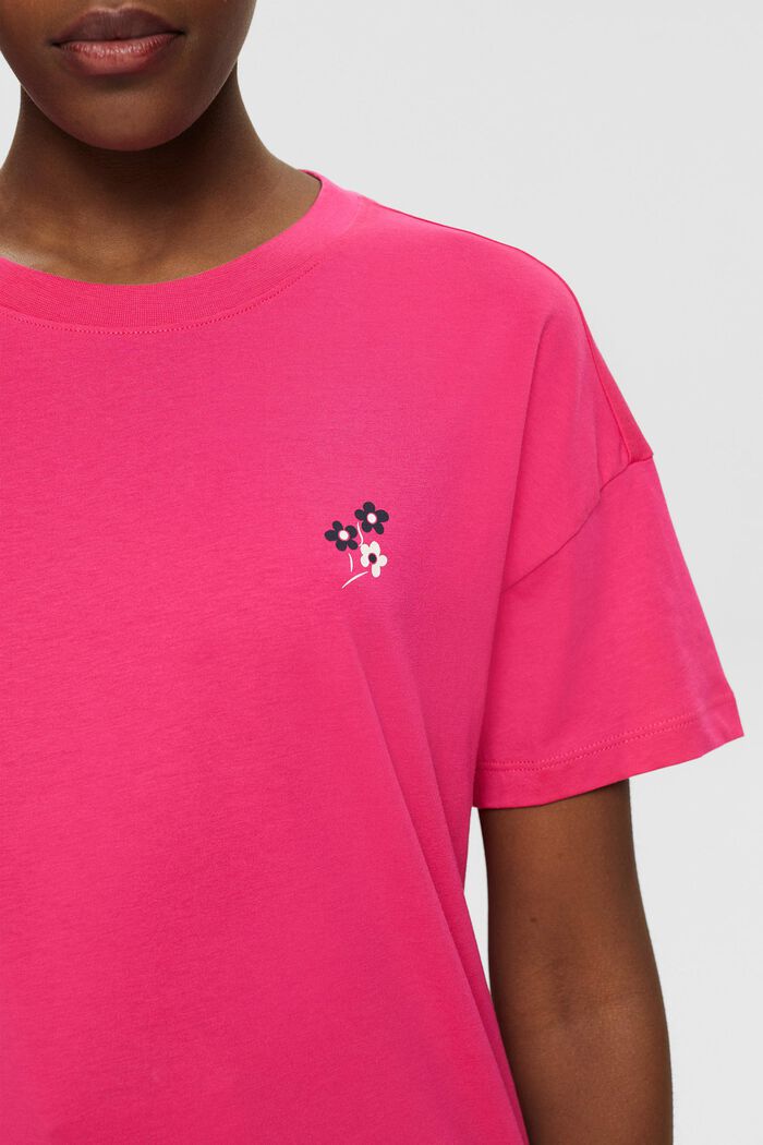 T-shirt met bloemenprint op de borst, PINK FUCHSIA, detail image number 2
