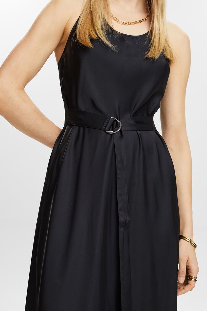 Satijnen mouwloze midi-jurk met ceintuur, BLACK, detail image number 2